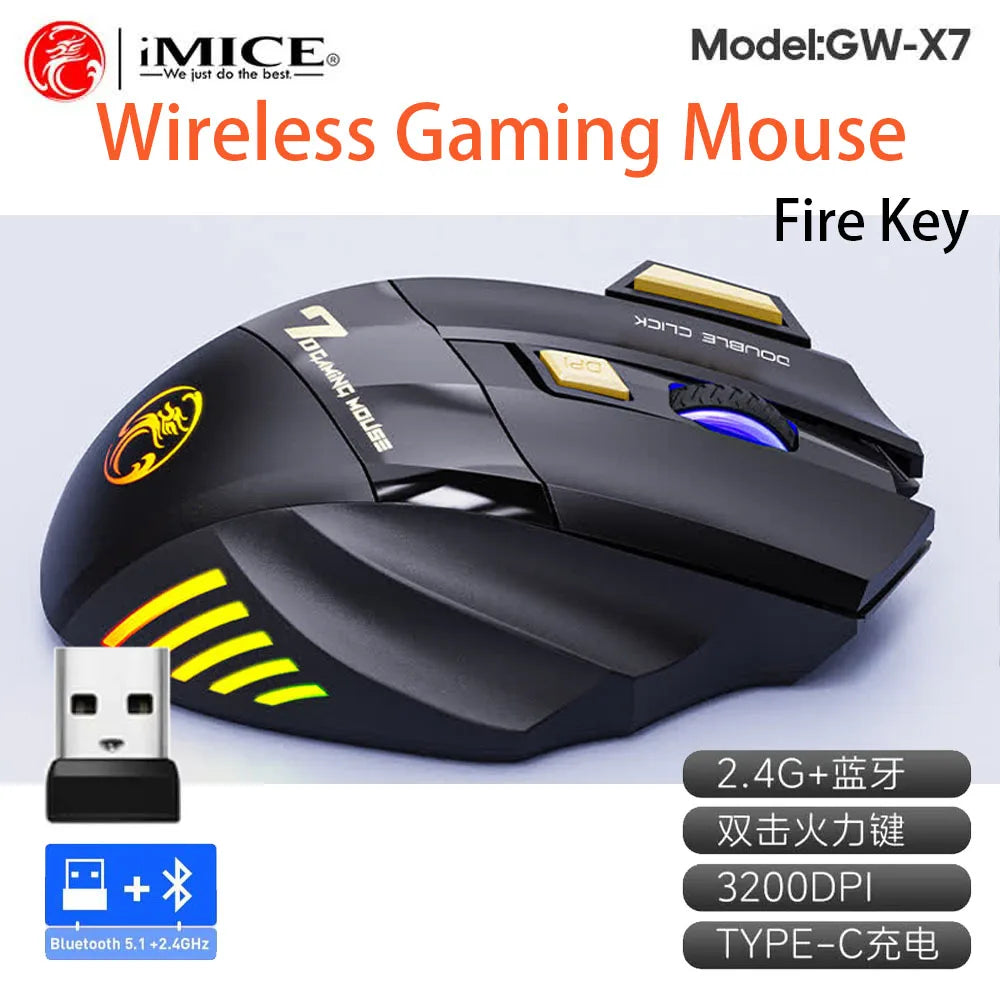 Brezžična miška Bluetooth, polnilna računalniška miška za gamerje, ergonomska gaming miška z RGB osvetlitvijo in tihim delovanjem za PC