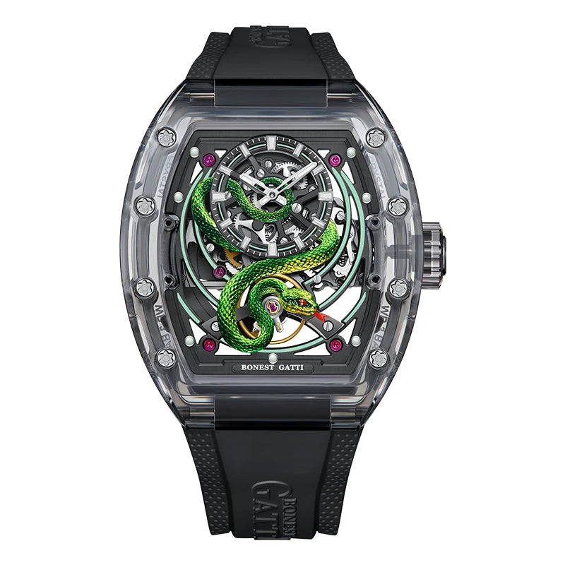 BONEST GATTI Men's Mechanical Watch Sapphire Crystal Double-Sided Hollow Out Luminous 30M Waterproof Snake Pattern Dial Wristwatch