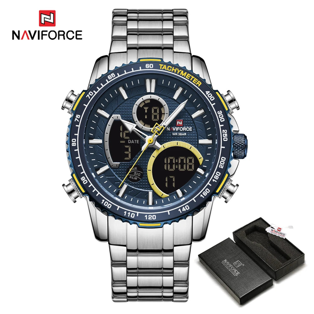 Мъжки спортен часовник NAVIFORCE – Оригинален луксозен ръчен часовник от неръждаема стомана, водоустойчив модел във военен стил с двойно показване