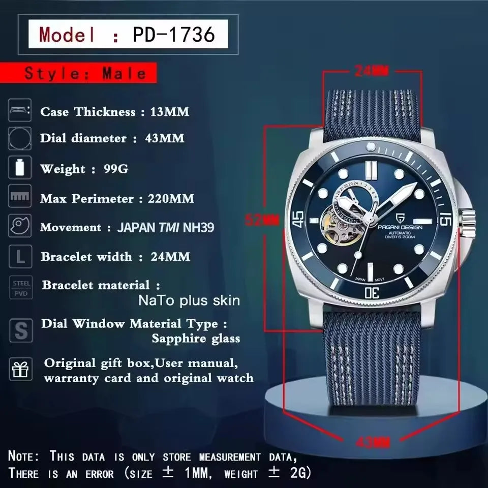 PD1736 PAGANI DESIGN 2025 Men Automatic Mechanical Watches Casual Fashion Sapphire Stainless Steel Diving TMI NH39 Men's Watch