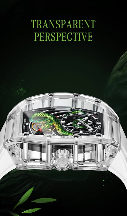 BONEST GATTI Men's Mechanical Watch Sapphire Crystal Double-Sided Hollow Out Luminous 30M Waterproof Snake Pattern Dial Wristwatch