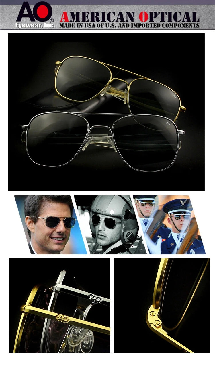 Pilot AO Sunglasses Men Top Quality American Army Military Mirror AGX Tempered Glass Lens Sun Glasses