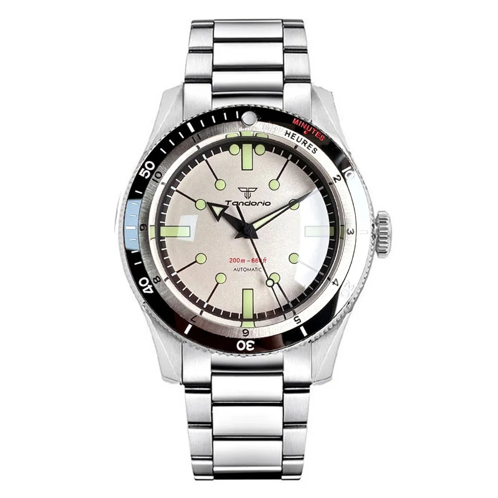 Tandorio NH35A PT5000 Mechanical Mens Watch 20BAR Waterproof Sapphire Luminous Red Black Dial Stainless Steel Bracelet New Clock