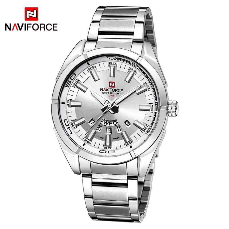 Ανδρικό ρολόι NAVIFORCE, εξ ολοκλήρου από ατσάλι, αδιάβροχο, casual στυλ, μηχανισμός χαλαζία με ένδειξη ημερομηνίας – Πολυτελές ανδρικό ρολόι χειρός, από κορυφαία μάρκα.