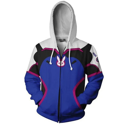 Anime stiliaus žaidimo džemperis su gobtuvu, 3D spauda, „Overwatches“ DVA DJ cosplay kostiumas, moterims, vyrams ir poroms, viršutinė striukė su gobtuvu