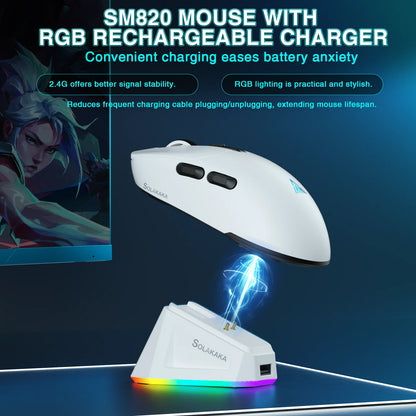 SOLAKAKA SM820 tri-mode draadloze muis met magnetisch oplaadstation, RGB, PAW3311, 24000DPI, draadloze macro-gamingmuis, ultralicht