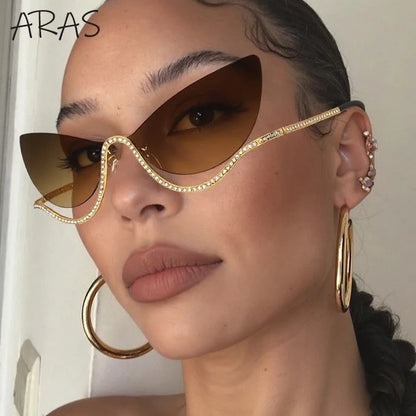 Sexy Cat Eye Rimless Sunglasses Women 2026 Luxury Brand Trendy Rhinestone Sun Glasses Punk Metal Frame Eyewear Outdoor Shades