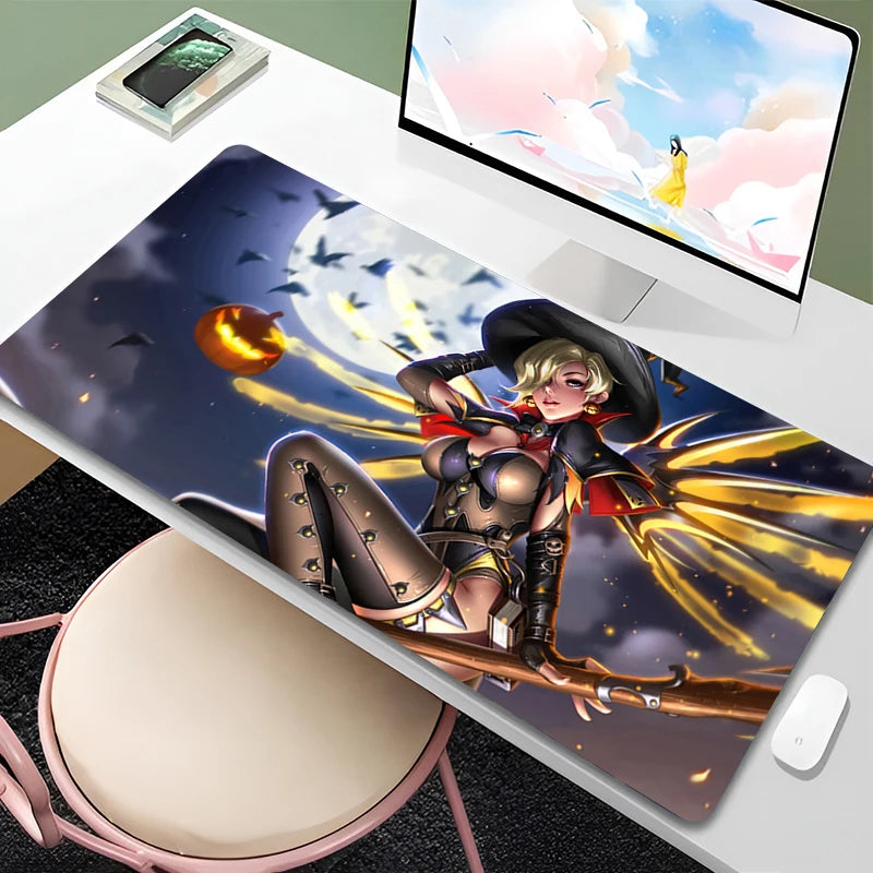 Tapete de rato Overwatch Mercy para PC Gamer, gabinete, kawaii, XXL, tapete de teclado com rapariga anime sensual, acessórios gaming para portátil e tapete de secretária
