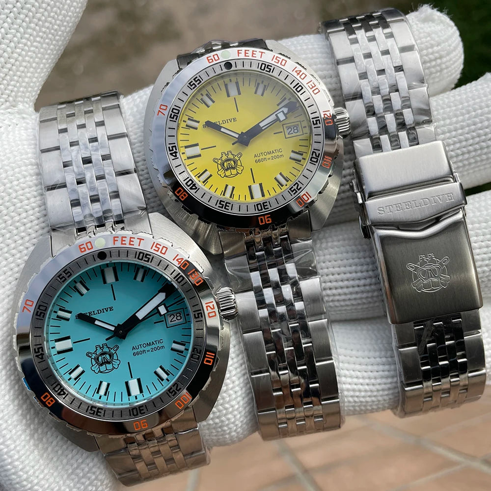 SD1967 Milled Clasp Bracelet Steel Bezel 43mm Steeldive Sapphire Glass 20ATM Water Resistant NH35 Automatic Man Dive Watch