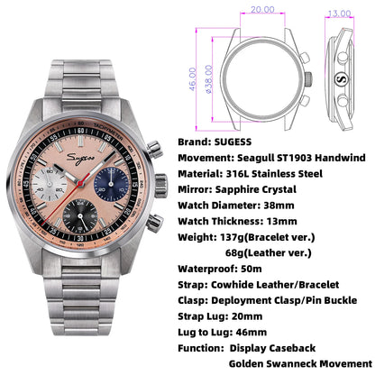 Sugess Mens Watch 38mm Chronograph Mechanical Wristwatches Tianjin Gooseneck Movement Sapphire Crystal Roulette Dial S465 new