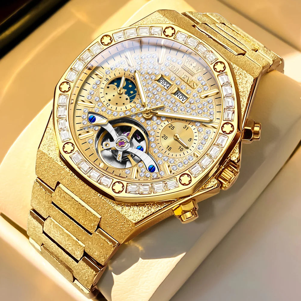 Ceasuri pentru bărbați OLEVS din oțel auriu, ceasuri de lux mecanice automate, ceasuri de mână sport, rezistente la apă, cu tourbillon, Reloj Hombre
