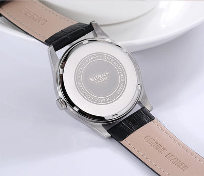 BERNY Men's Watch Quartz Day Top Calendar Wristwatch Waterproof Blued Steel Hands Arabic Numerals Easy Read Relogio Masculino