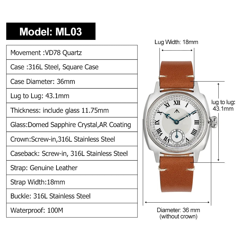 Militado ML03 Tribute 1926 VD78 Quartz Movement Watch Sapphire Crystal Stainless Steel Case Roman Dial 100M Waterproof Watches