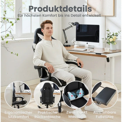 360 ° - Swivel Ergonomic Racing Design Gaming Chair Leather High Back Office Chair Height Adjustable Task Chair, Black&White