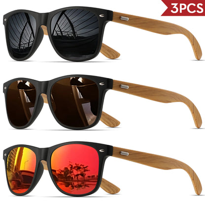 3PCS Bamboo Texture Square Sunglasses UV400, Fashion Unisex Classic - Lightweight for Casual Wear & Holidays