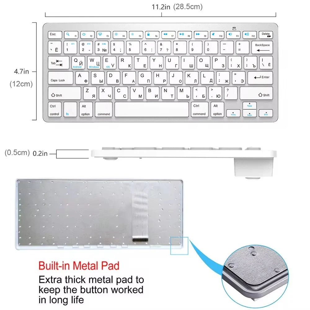 Russian English Layout Slim Wireless Keyboard Bluetooth & 2.4G Dual Mode Keyboard Compact Ergonomic for Windows ios Android