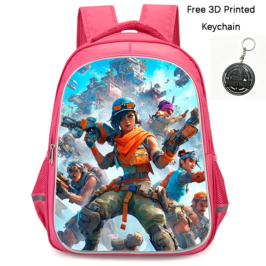 FORTNITE 16-inch Durable Lightweight Backpack, Dual Zipper Pockets, Cartoon Style for Boys & Girls 6-10,Free 3D Printed Keychain