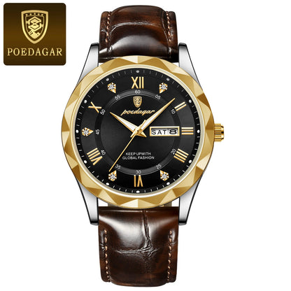 POEDAGAR herenhorloge, origineel luxemodel: waterdicht, lichtgevend, met datum- en dagweergave. Quartzhorloge in klassieke en professionele stijl, voorzien van een leren band.