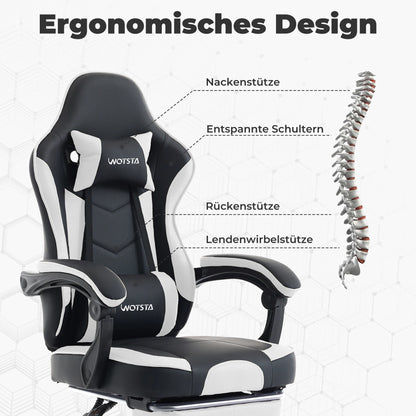 Sedia da gaming WOTSTA con poggiapiedi, sedia gamer ergonomica con cuscino lombare e poggiatesta, sedia per computer regolabile in altezza
