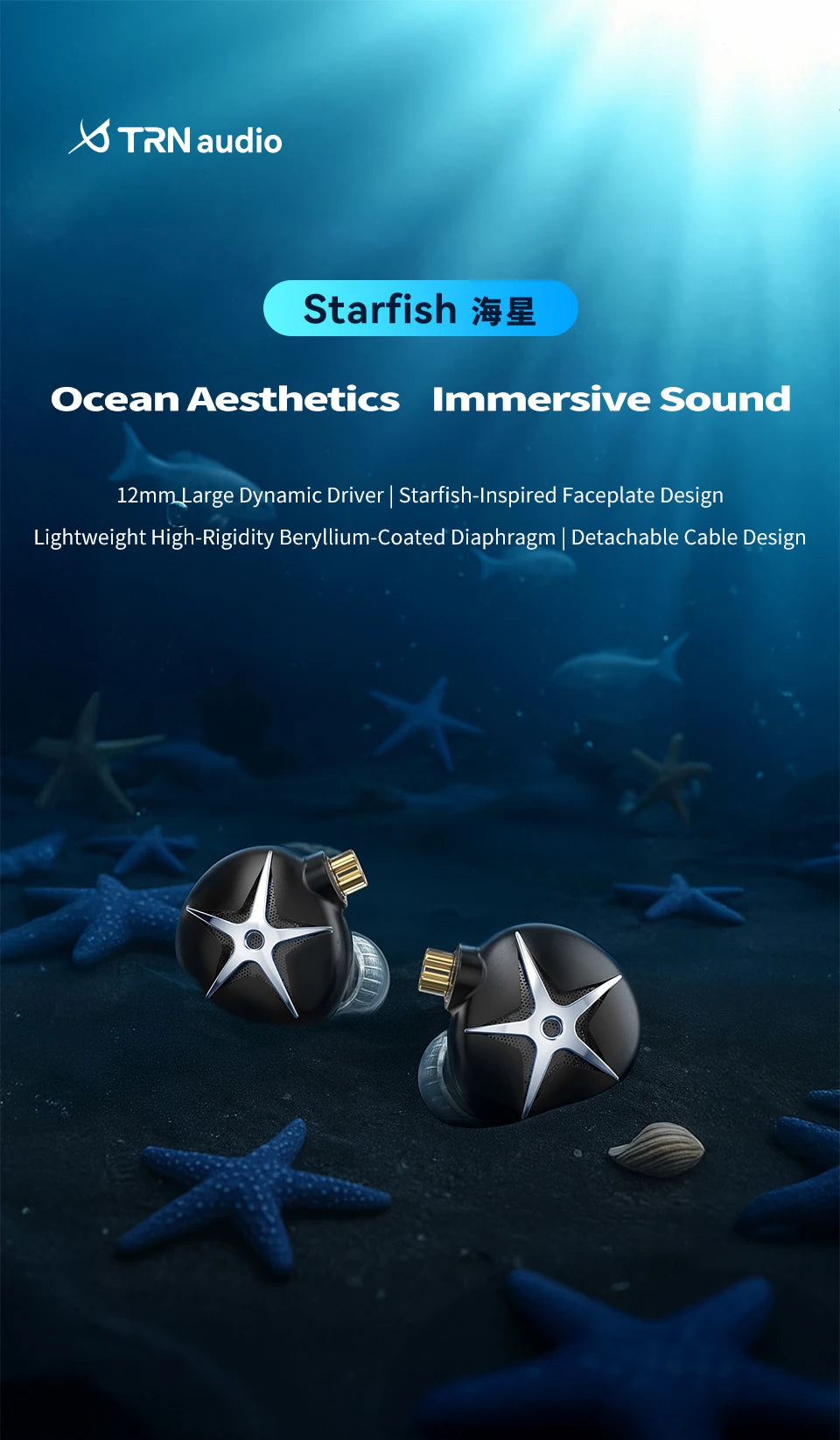 TRN Starfish Earphones 12mm Dynamic Driver In-ear Monitors  Beryllium coated Diaphragm Headset Hi-Fi Headphones with Detachable