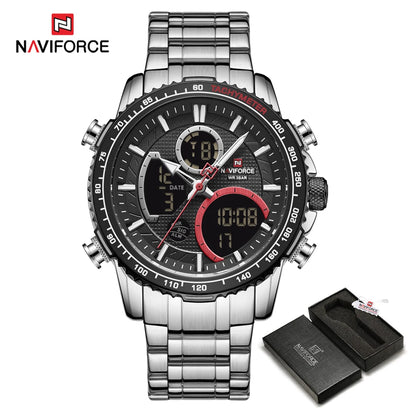 Мъжки спортен часовник NAVIFORCE – Оригинален луксозен ръчен часовник от неръждаема стомана, водоустойчив модел във военен стил с двойно показване