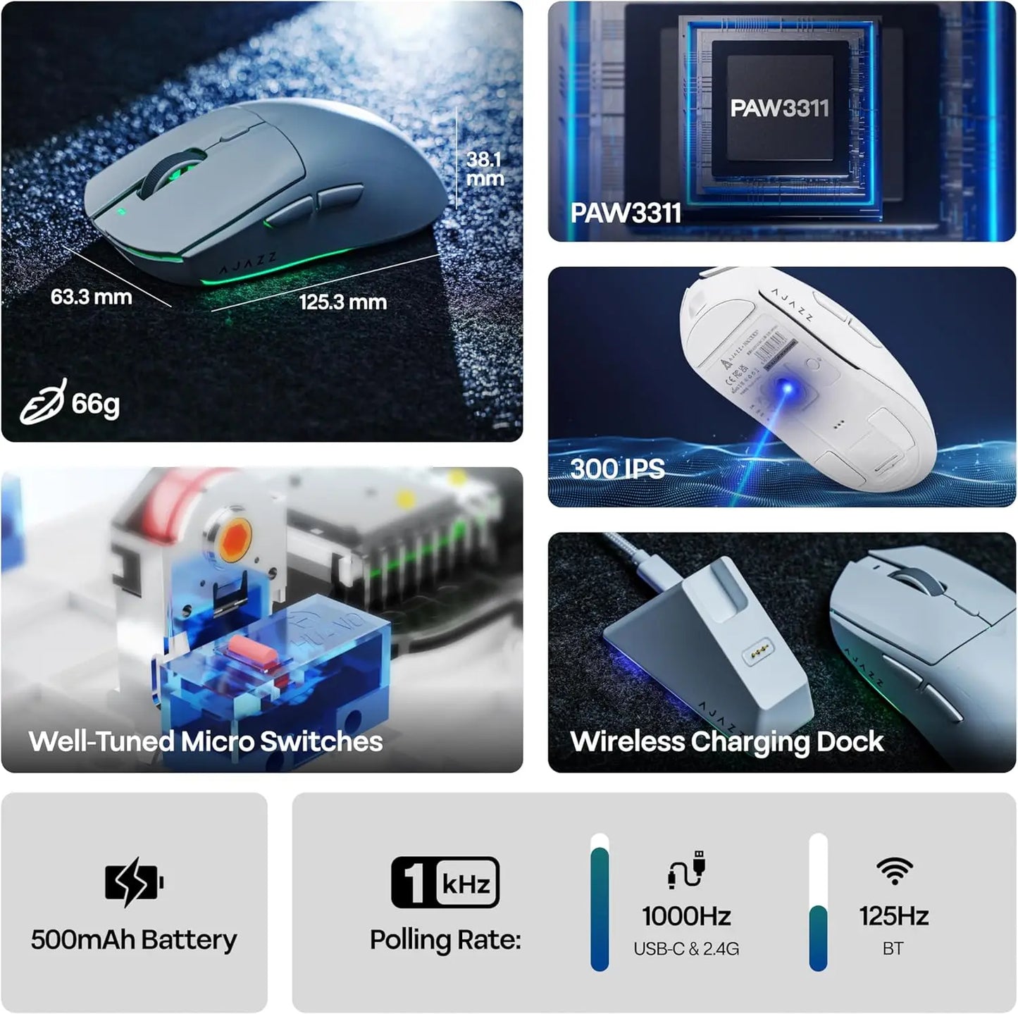Mouse de gaming wireless AJAZZ AJ139 V2 MC/AJ139 PRO, senzor PAW3311/PAW3395, 12000DPI/26000DPI, 500mAh, mouse Bluetooth pentru PC