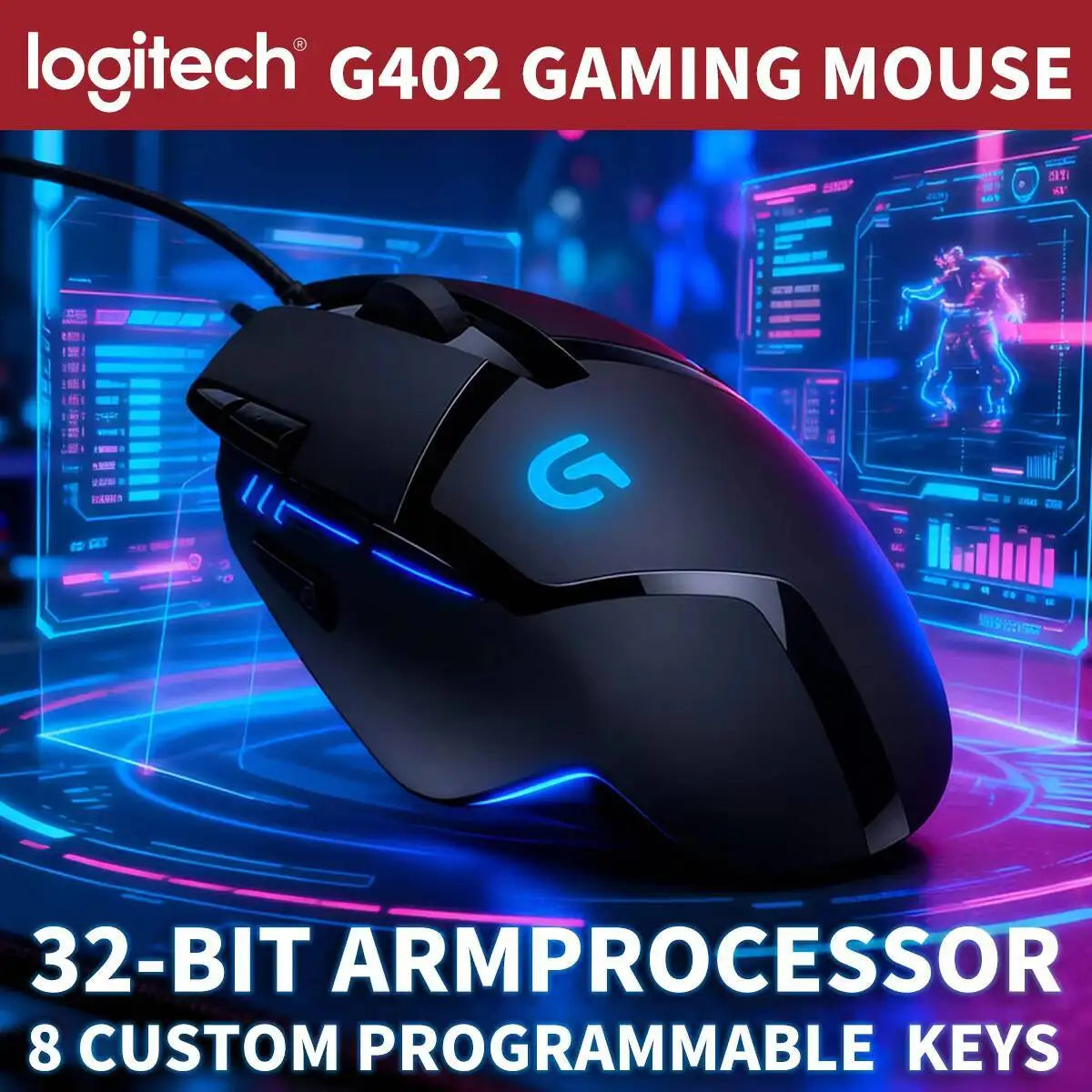 Mouse de gaming Logitech G402 Fusion Engine Tech, 4 setări DPI, procesor pe 32 de biți, antiderapant, pentru gaming competitiv profesional