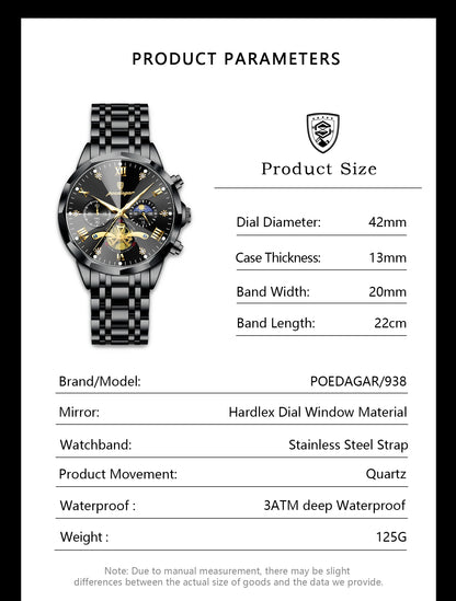 POEDAGAR Luxury Fashion Men Clock Waterproof Luminous Chronograph Male Watch Stainless Steel Quartz Business Men's Watches Reloj