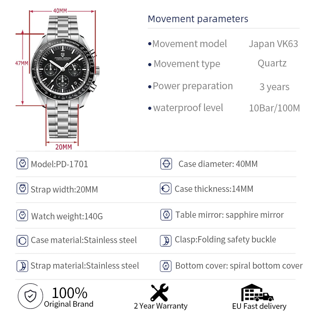 2026 New PAGANI DESIGN Mens Watches Panda Moon Watch Luxury Quartz Watch For Men Automatic Date Sport Chronograph Wristwatch Men