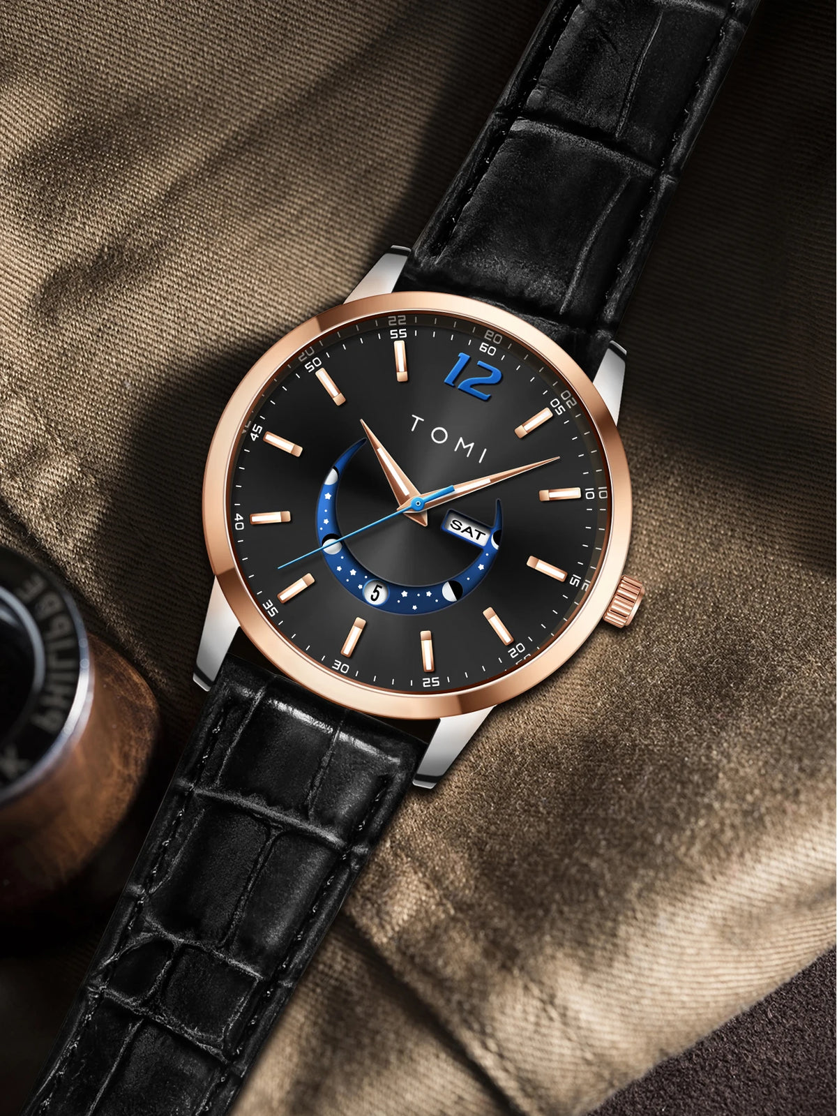 Ceas cu cuarț TOMI, stil business și elegant, cu brățară din piele, carcasă din aliaj și cadran cu ace – Design de înaltă calitate, idee de cadou pentru bărbați