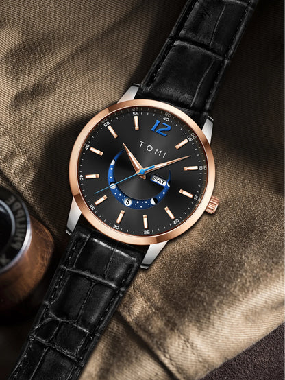 Ceas cu cuarț TOMI, stil business și elegant, cu brățară din piele, carcasă din aliaj și cadran cu ace – Design de înaltă calitate, idee de cadou pentru bărbați