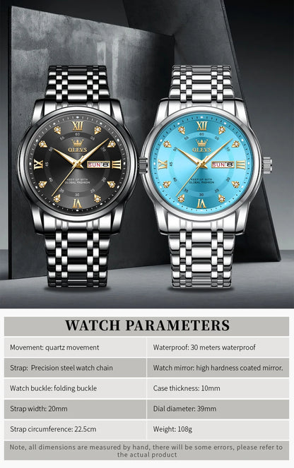 OLEVS Top Original Men Quartz Watch Blue Waterproof Watch for Men Stainless Steel Quartz Men Luxury Watch Luminous Wristwatch