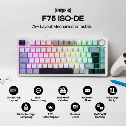 Teclado mecánico inalámbrico EPOMAKER x AULA F75 ISO-DE con conectividad trimodo, distribución alemana QWERTZ y batería de 4000 mAh