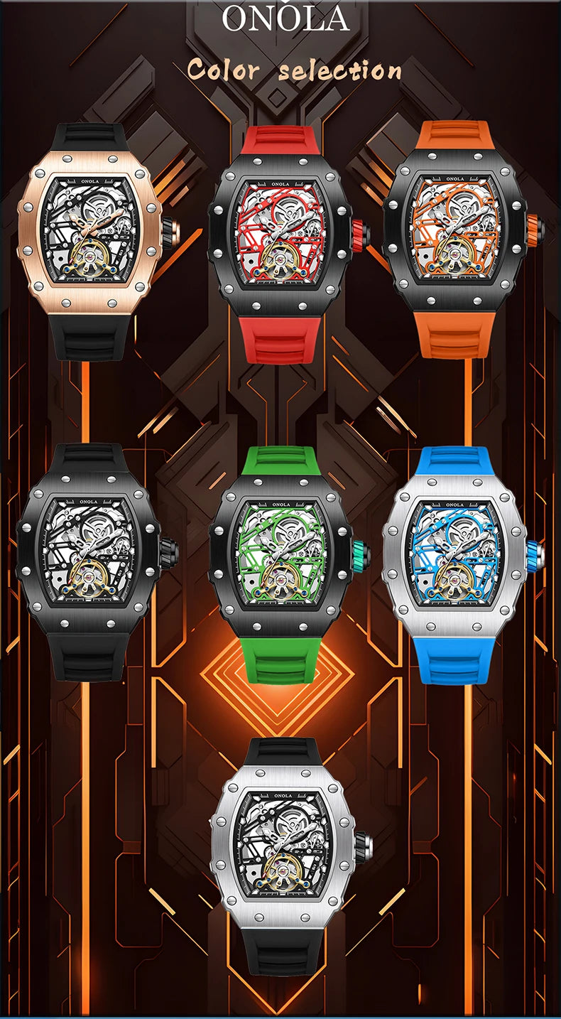 Fashion Luxury Men's Watch ONOLA Hollow Out Rudder Flywheel Fully Automatic Mechanical Waterproof Silicone Watches Clock