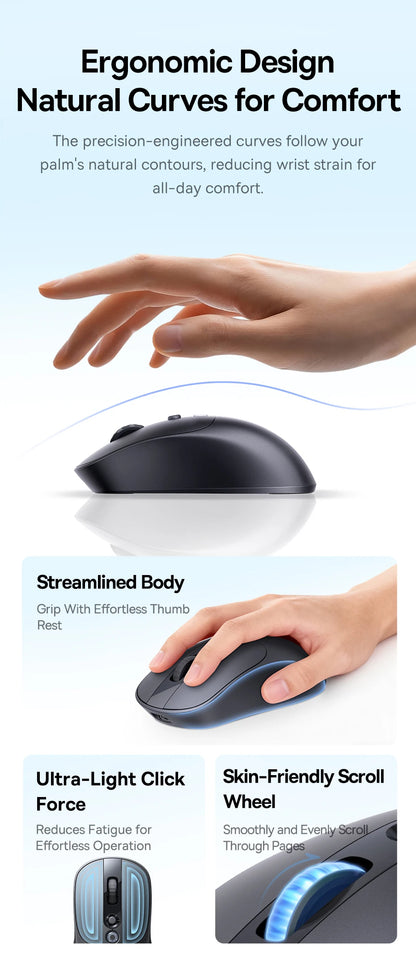 【NAUJIENA】Baseus EM2 ergonominė belaidė pelė, Bluetooth 5.3, 2.4G, Type-C įkrovimas, itin lengva tyli pelė su pritaikomu mygtuku