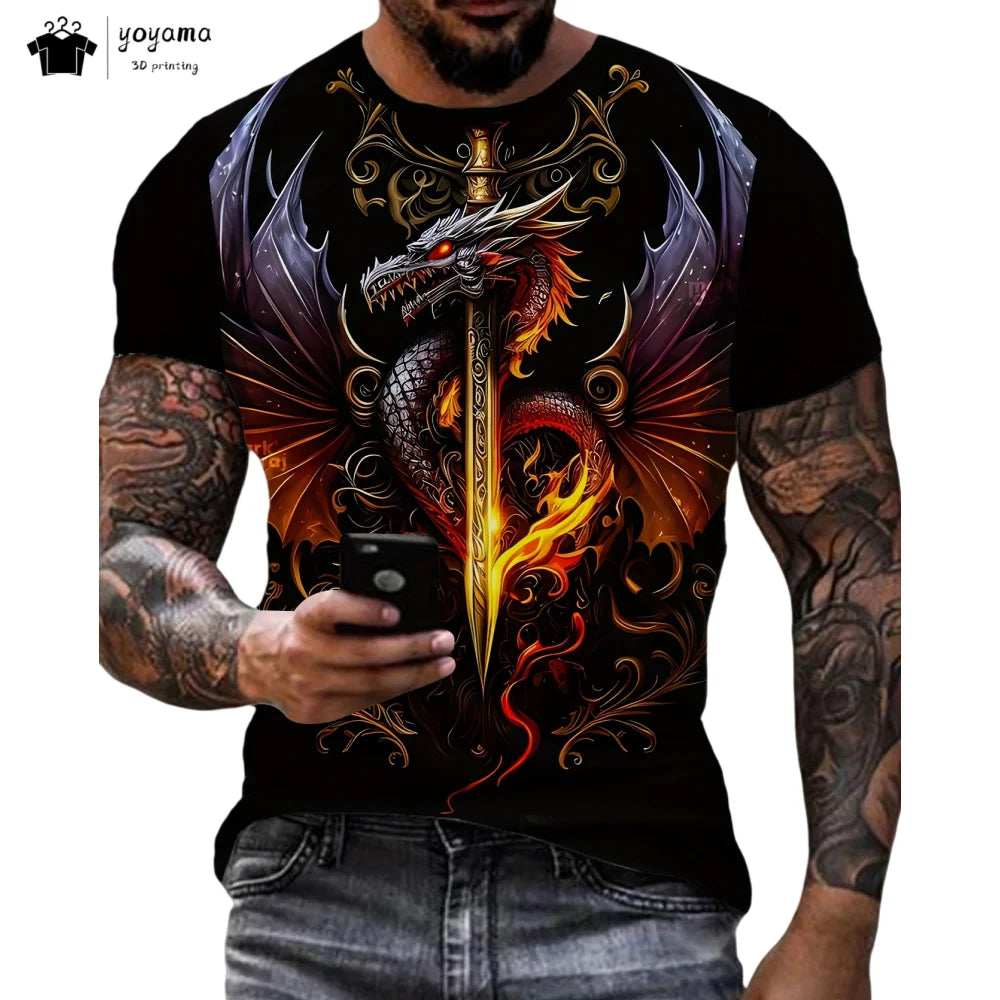 T-shirts de homem com padrão de dragão, manga curta, gola redonda, estilo streetwear, estampado animal 3D, corte largo e versátil, roupa de homem