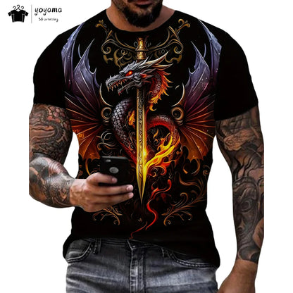 T-shirts de homem com padrão de dragão, manga curta, gola redonda, estilo streetwear, estampado animal 3D, corte largo e versátil, roupa de homem