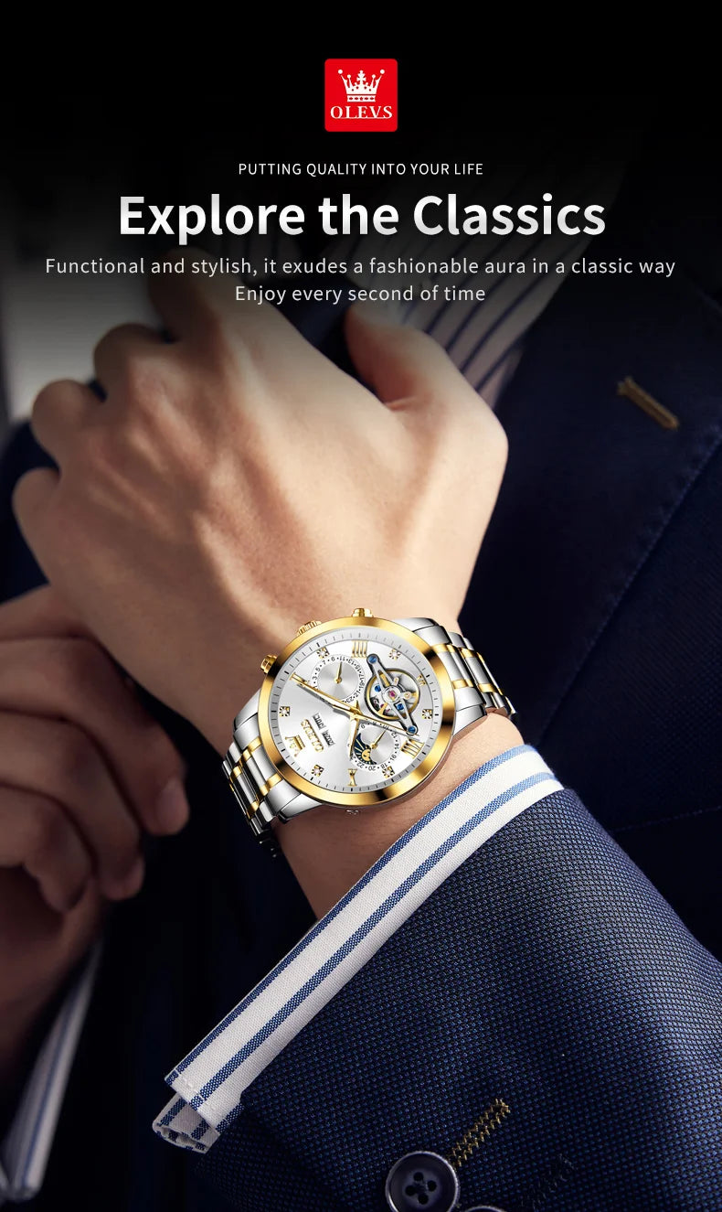 OLEVS Men's Watches - Moon Phase Hollow Flywheel Exclusive Original Automatic Mechanical Watches For Men Luxury Man Watch New 7029