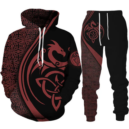 Dres z nadrukiem 3D Retro Dragon Tattoo dla mężczyzn i kobiet, casualowy zestaw z bluzą z kapturem + spodnie, 2 części, oversize, modna odzież męska