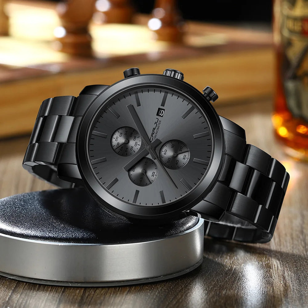 CRRJU Men’s Watch – Stainless steel chronograph, water-resistant, with date display, analogue quartz movement, elegant and professional style
