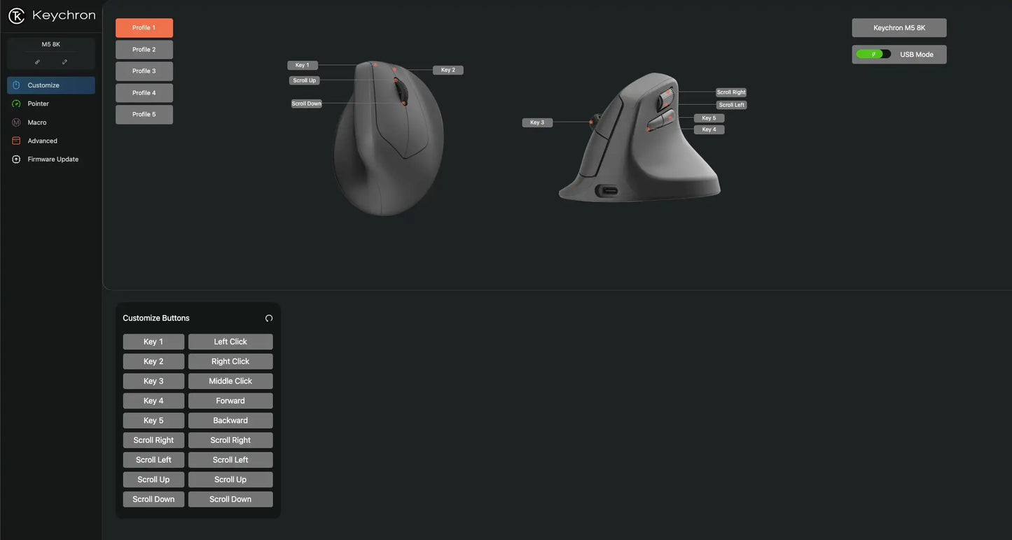 Keychron M5 kabellose ergonomische Maus, optisch, 8K Polling-Rate, 2.4GHz & Bluetooth, Type-C, 3950 Sensor
