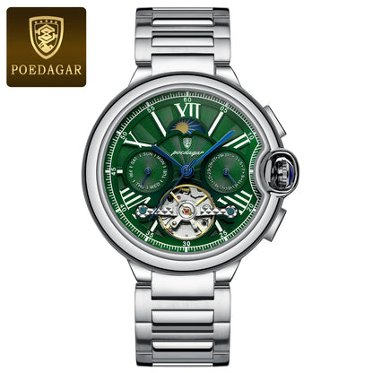 POEDAGAR Luxury Male Watch Tourbillon Date Week Stainless Steel Men Watch Waterproof Automatic Mechanical Military Men's Watches