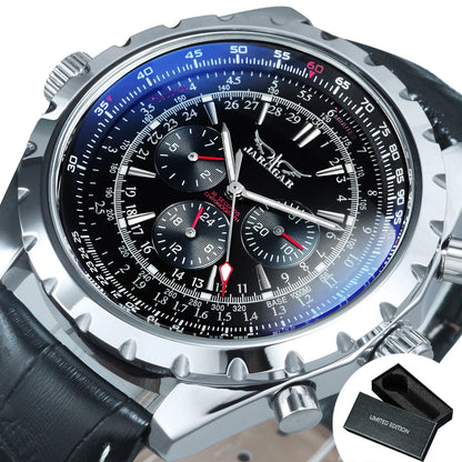 JARAGAR Men’s Luxury Automatic Mechanical Watch  Military Sport Design, Multifunction Dial & Leather Strap