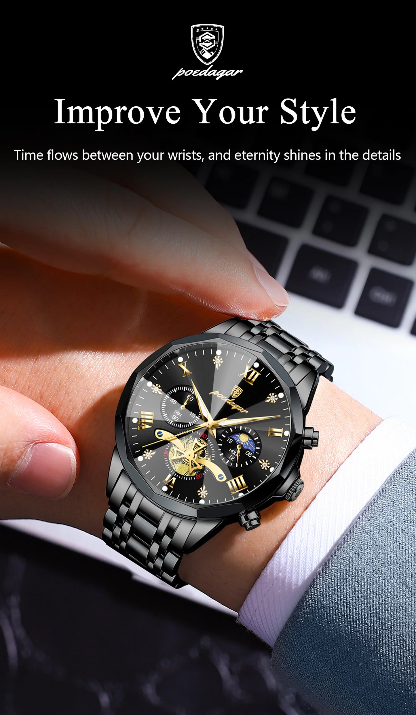 POEDAGAR Luxury Fashion Men Clock Waterproof Luminous Chronograph Male Watch Stainless Steel Quartz Business Men's Watches Reloj