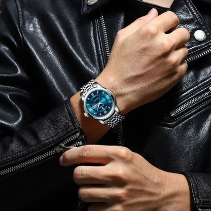 Trendy, luxe POEDAGAR herenpolshorloge, waterdicht, van roestvrij staal, verlicht, met datum en quartz-uurwerk.