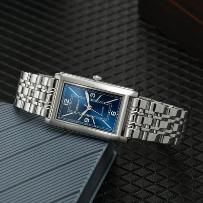 Montre carrée pour homme BERNY – Mouvement à quartz, cadran à chiffres romains, affichage luminescent, boîtier en acier inoxydable 316L – Montre rectangulaire élégante et décontractée