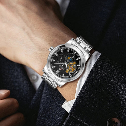 Ceas mecanic automat pentru bărbați Forsining – Stil de lux, business și fashion, brățară metalică, tourbillon, ace luminescente, împodobit cu diamante artificiale