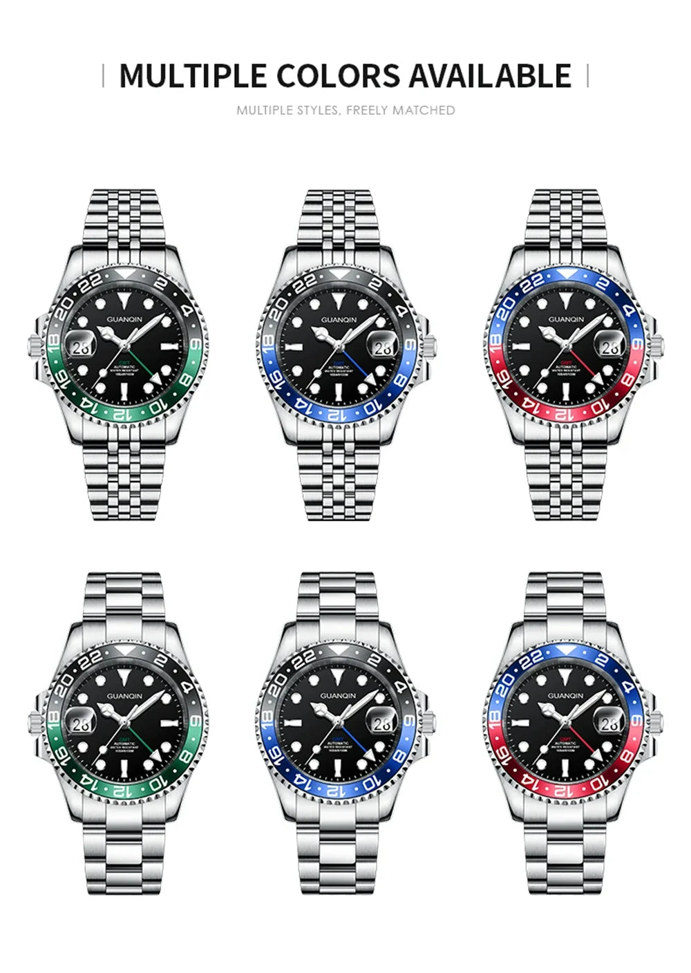 GUANQIN GMT Reloj para hombre 2025 nuevo reloj automático para hombre NH34 reloj mecánico de pulsera con cristal de zafiro y acero inoxidable para mano izquierda