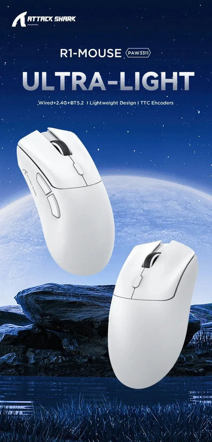 Rato ultraleve ATTACK SHARK R1 59g com PAW3311, 18000DPI, 400IPS, 40G, 1000Hz, Tri-Mode, controlador Broadcom BK3633, 20 milhões de cliques