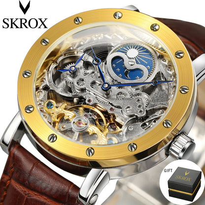 SKROX mekanisk automatisk armbåndsur til mænd, skeletmodel med GMT-funktion, månefase og tourbillon – Elegant og originalt luksusur i topklasse.